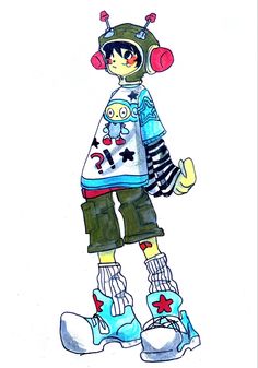 a drawing of a boy in a space suit with headphones and skateboard on