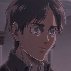 an anime character with short hair and blue eyes looks at the camera while standing in front of a building