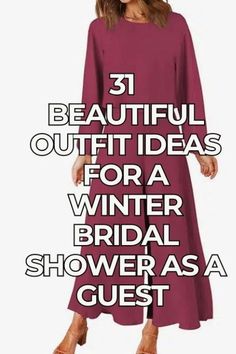 a woman in a purple dress with the words 31 beautiful outfit ideas for a winter bridal shower as a guest