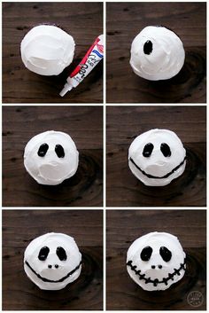 four pictures of halloween cupcakes with white frosting and black faces on them