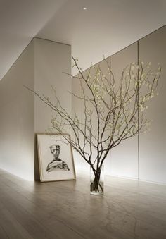 a vase with some flowers in it next to a framed photograph on the floor and a tree