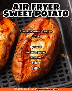 two baked sweet potatoes sitting on top of a grill with the words air fryer sweet potato