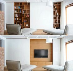 two pictures of a living room with couches and bookshelves in the corner