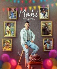 a man sitting on top of a cake in front of many framed pictures with the words mahi happy birthday