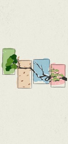 four square paintings with trees in them on a white background, one is green and the other is pink