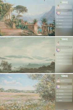 three different pictures of the same landscape with trees and flowers on them, one is painted in pastel colors