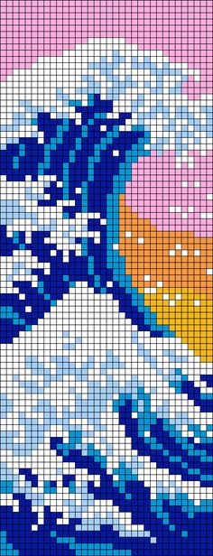 a cross - stitch pattern with waves in blue and white