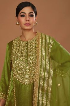 Olive green silk anarkali with gota, sequins and pearls hand embroidery. Comes with salwar and an organza dupatta. - Aza Fashions Silk Anarkali, Embroidered Anarkali, Anarkali Salwar, Organza Dupatta, Women Kurta, Fashion App, Green Silk, Set For Women, Aza Fashion