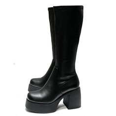 Step Out In These Stylish Platform Knee High Boots New In Box Faux Leatherette Material Stretchy Shaft Side Zipper For Easy Shoe Removal Lightly Padded Insole Comfy Block Heels Platform Height: Approx 1in. Heel Height: Approx 3.5 In. Shaft Height: Approx 15 In. Fitting: True To Size. Regular Fit. Black Boots Chunky, Knew High Boots, Platform Chunky Boots, Thrift Manifestation, Platform Knee High Boots, Chunky Black Boots, Knee High Platform Boots, Xmas Wishlist, Chunky Heel Boots