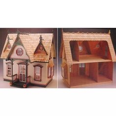 two small wooden dolls houses with windows and stairs