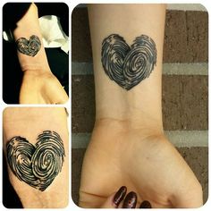 three pictures of different designs on the wrist and hand, one with a fingerprint in the shape of a heart