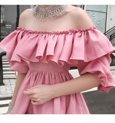 ruffle off shoulder pleated hem lantern sleeve pleated pink dress - Sakia Pink Dress Short, Pleated Sleeves, 80 Dress, Lantern Sleeve, Girly Fashion, Lantern Sleeves, Swing Dress, Skirt Length, Pink Dress