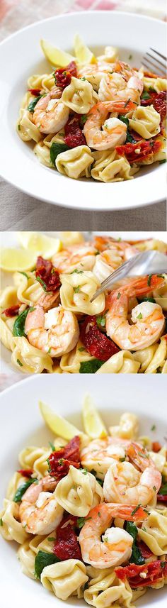 two pictures of pasta with shrimp and spinach