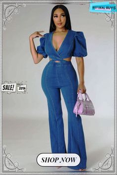 Women's Ruched Balloon Sleeves Puff Sleeves Fashion Casual Sexy Denim Cutout Jumpsuit Trendy High Waist Denim Jumpsuit For Party, Fitted Denim Blue Jumpsuit For Night Out, Trendy Denim Jumpsuit For Party, Fitted Denim Jumpsuit For Party, Stretch High Waist Denim Jumpsuit For Night Out, Casual Fitted Denim Jumpsuit For Party, Stretch Denim Jumpsuit For Night Out, Stretch Denim Jumpsuits And Rompers For Night Out, Denim Stretch Jumpsuits And Rompers For Night Out