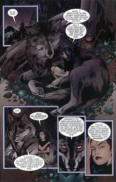 a comic page with an image of two wolfs and one woman in the background