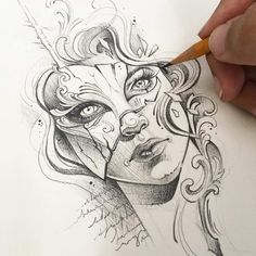 a drawing of a woman's face on paper with a pencil in her hand