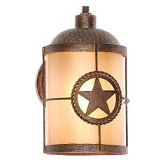 a light fixture with a star on the side and a brown shade hanging from it