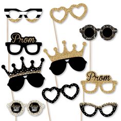 a set of six photo booth props with sunglasses and tiara on top, one for prom