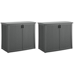 two gray plastic storage cabinets on white background