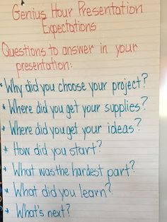 a white board with writing on it that says genius hour presentation questions to answer in your presentation