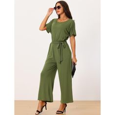 A stylish and versatile addition to your wardrobe. This jumpsuit is designed to provide both comfort and fashion-forward style, making it perfect for various occasions. Long wide leg design of this jumpsuit not only provides freedom of movement but also gives an effortlessly chic and trendy vibe. You can dress it up with necklace and sandals for a gorgeous outfit on your summer time! Chic Green Belted Jumpsuits And Rompers, Chic Belted Green Jumpsuits And Rompers, Chic Green Belted Jumpsuit, Non-stretch Wide Leg Jumpsuits And Rompers, Casual Solid Belted Jumpsuits And Rompers, Trendy Green Solid Color Jumpsuits And Rompers, Wide Leg Jumpsuits For Workwear In Solid Color, Wide Leg Solid Color Jumpsuit For Work, Wide-leg Solid Color Jumpsuits For Work