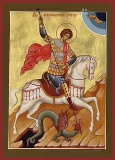 an icon of st george the great riding a white horse with a dragon on its back