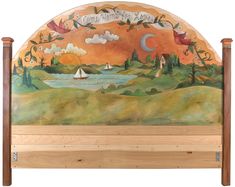 a painting on the wall of a bed with wooden posts and headboard made to look like a landscape