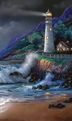 a painting of a lighthouse on the shore with waves crashing in front of it at night