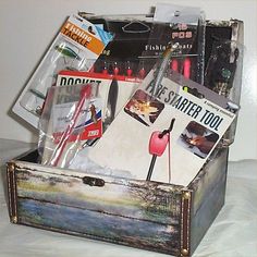 a wooden box filled with magazines and other items