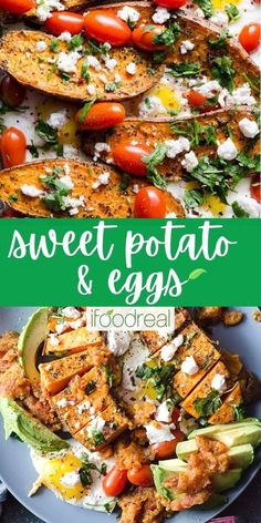 sweet potato and egg salad with tomatoes, avocado and feta cheese on top