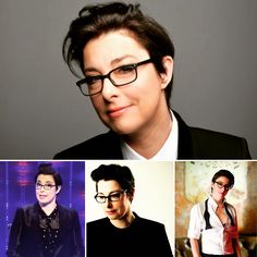 four different pictures of people wearing glasses and one with short hair, the other without