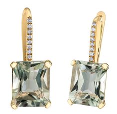 Yellow Gold Green Amethyst, Diamond Lever Back Earrings Luxury Green Amethyst Earrings As Gift, Luxury Elegant Earrings With Rectangular Stone, Luxury Classic Green Amethyst Jewelry, Luxury Rectangular Stone Earrings For Formal Occasions, Luxury White Gold Green Amethyst Jewelry, Luxury Rectangular Stone Earrings For Formal Events, Amethyst Stones, Green Amethyst, Amethyst Stone