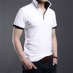 Fabric Type: KnittedSleeve Style: RegularSleeve Length: ShortCollar: Turn-Down CollarStyle: CasualHooded: NoMaterial: Cotton ﻿SKU: 1652317 Casual White Stretch Polo Shirt, Casual Stretch Cotton Polo Shirt, Solid Tops, Men's Casual, Types Of Collars, Stand Collar, Cotton T Shirt, Short Sleeve Shirt, Cotton Tshirt