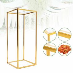 an image of a gold colored display case with flowers on the side and four different views