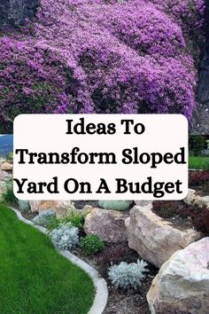 the words ideas to transform sloped yard on a budget are overlaid by purple flowers