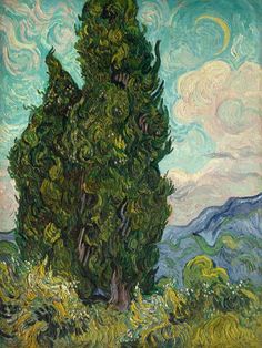 a painting of a tree in the middle of a field with mountains in the background