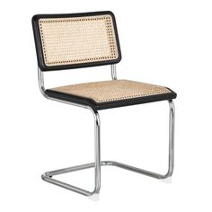 a black and white chair with a woven seat