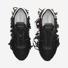 Stand out in bold, modern style with the Premiata Beth sneakers—designed in Italy to offer a luxurious twist on contemporary footwear. Featuring an all-black design with textured, shaggy detailing, these platform sneakers create an edgy yet sophisticated look. The Premiata 483 Original sole enhances both comfort and support, while the metallic silver heel tab adds a touch of contrast and elegance. Italian Sneakers, Silver Heel, Silver Heels, Designer Sneakers, Platform Sneakers, Black Design, For Real, Sock Shoes, All Black