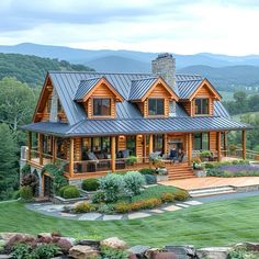 a large log house with a metal roof