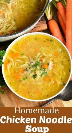 homemade chicken noodle soup in a bowl with carrots and parsley on the side