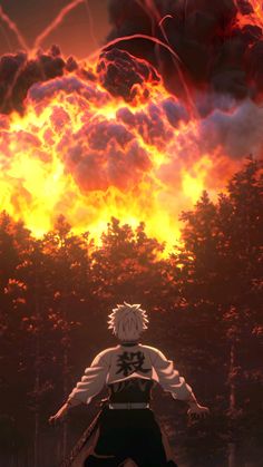 an anime character standing in front of a fire filled sky with clouds and trees behind him