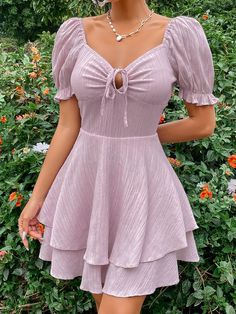 Mauve Purple Boho  Short Sleeve Polyester Plain A Line Embellished Slight Stretch Summer Women Dresses Short Cottage Core Dress, Birthday Dinner Outfit, Fashion Week Dresses, Pink Dress Casual, Diy Vetement, Dinner Outfit, Birthday Dinner, Dinner Outfits, Dress For Short Women