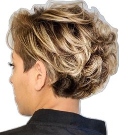 the back of a woman's head with short blonde hair in front of white background