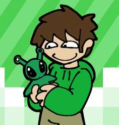 a drawing of a boy holding a green toy in his hands and smiling at the camera