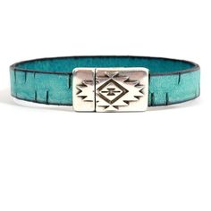 "Leather:  10mm Turquoise European bark leather Clasp:  Antique silver 10mm Southwestern magnetic clasp This is great looking leather and a great bracelet for a man or a woman. This bracelet is a men's 10mm wide turquoise Bark Leather bracelet.  Bark leather has a continuous pattern cut into it with a darkened dye effect for a texture like birch bark.  The leather is vegetable dyed and tanned.  The clasp is an antique silver magnetic clasp with a Southwest pattern on the top.   This is a unique, Thunder Moon, Turquoise Leather, Stylish Bracelet, Birch Bark, Mens Leather Bracelet, Magnetic Clasp, Earth Tones, Leather Men, Bracelets For Men