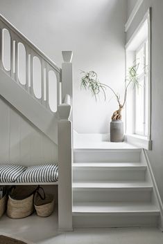 there is a potted plant sitting on the stairs next to some pillows and baskets