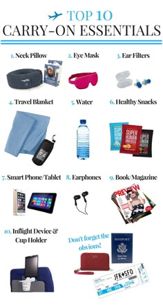 the top 10 carry - on essentials for travel info sheet with text overlay