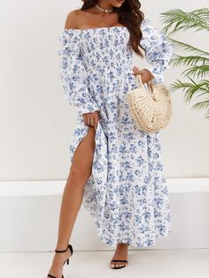 Floral Print Shirred Dress, Elegant Long Sleeve Maxi Dress, Women's Clothing Non-stretch Long Sleeve Maxi Beach Dress, Non-stretch Long Sleeve Maxi Dress For Beach, Blue Knee-length Long Sleeve Summer Dress, Summer Long Sleeve Maxi Dress For Brunch, Long Sleeve Summer Maxi Dress For Brunch, Cotton Long Sleeve Midi Dress For Vacation, Long Sleeve Cotton Midi Dress For Vacation, Non-stretch Midi Dress For Spring Vacation, Non-stretch Spring Midi Dress For Vacation