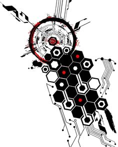 an abstract black and red background with hexagons, circles and arrows in the center