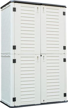 a large white storage cabinet with two doors